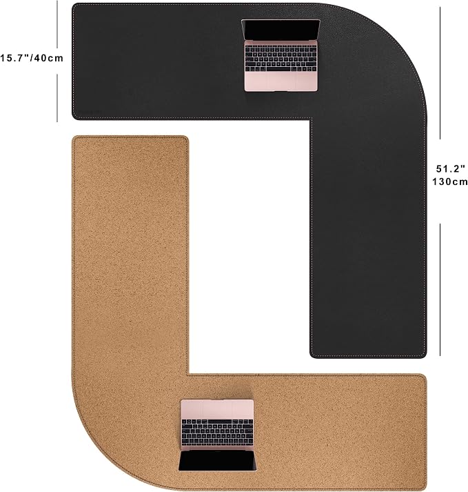 MAIDERN (51” + 51”) x 15.7” L Shaped Corner Desk Mat, Cork & Leather Reversible Desk Pad for Gaming Computer Office Home (Black) …