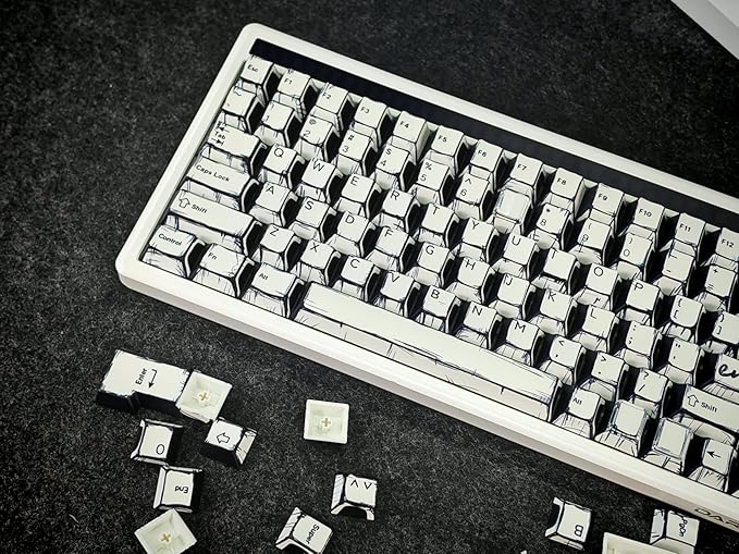 Retro PBT Keycaps - White Japanese Manga Keycaps Set, 141 Keys Cherry Profile Dye-Sub Custom Keycap, Minimalist Style Key caps for 60%, 65%, 75%, 100% Cherry MX Mechanical Keyboard
