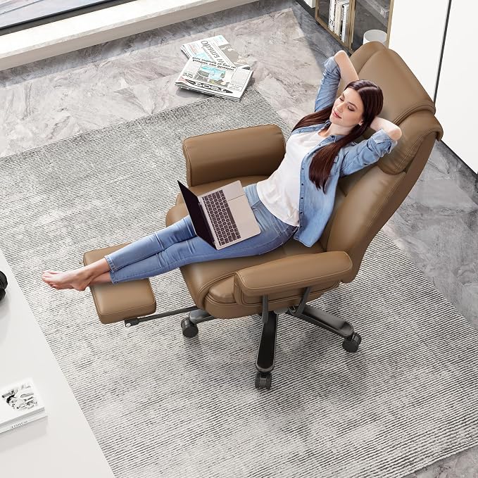 GYI 160 Reclining Office Chair with Footrest, Big & Tall Desk Chair, Brown | Cross Legged Seat, High Back, Faux Leather, Heavy Duty Base, Adjustable Height, for Home, Executive