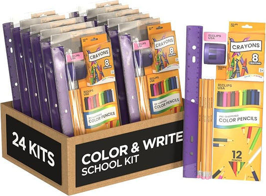 E-CLIPS USA Back to School Supplies Kit for Kids School Supplies Set School Supply Kit Colored Pencils For Kids Color Pencil Set Crayons Bulk for Classroom Wooden Pencil #2 (24 Pack)