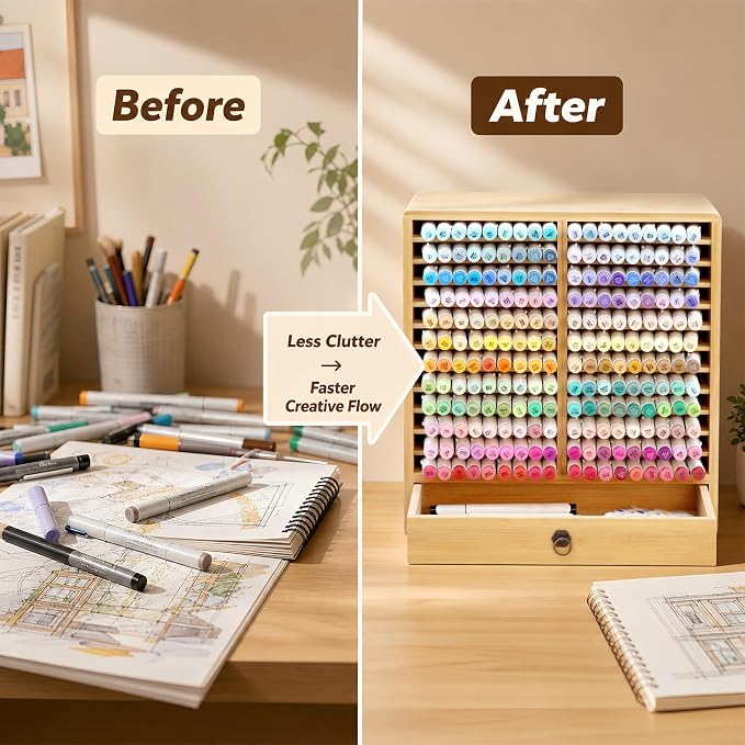 Marker Organizer, 24 Slots Wooden Storage for Up to 216 Markers with Drawer | Art Supply Alcohol Pen Storage Desktop Bamboo Marker Holder,Keeping Color Visible,Easy to Reach in Home Office and Classroom.