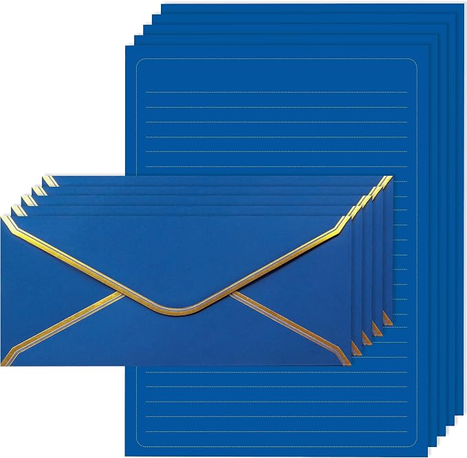 J6&H6 Gold Thread Stationary Paper and Envelopes Set Including 12 Standard Sized Phnom Penh Envelopes and 24 Sheets of Lined Paper Suitable for Daily Emotional Expression Formal Communication(Blue)