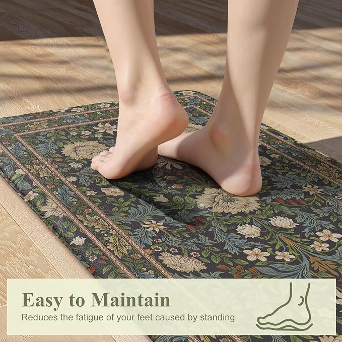 KIMODE Kitchen Mats for Floor Anti Fatigue,Cushioned Runner Rug | Black,Vintage Boho Floral Runner Rug Non Slip Waterproof, Wide Long Padded Kitchen Floor Mat for Laundry Sink Office Home