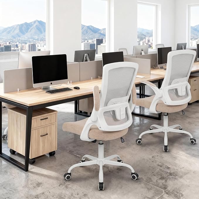 NEO CHAIR Office Chair High Back Desk Mesh Chair Comfy Computer Gaming Seat with Adjustable Ergonomic Lumbar Rolling Flip-up Armrests and Wheels (Beige)