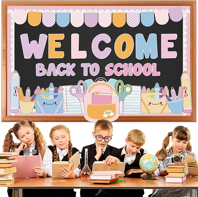 Welcome Back to School Bulletin Board Set - Colorful First Day of School Theme with School Supplies, Pencil, Notebook, Schoolbag Paper Cutouts - Ideal for Classroom and Back to School Party Decor