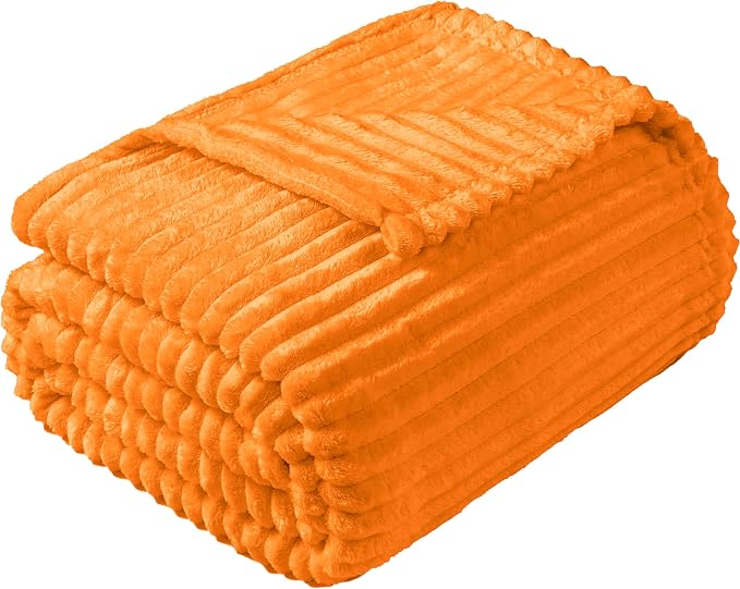 Vessia Flannel Fleece Striped Bed Blanket Twin Size(60x80inch), 300GSM Microfiber Light Orange Comfy Decor, Soft Warm Cozy Lightweight Ribbed Blanket for All-Season