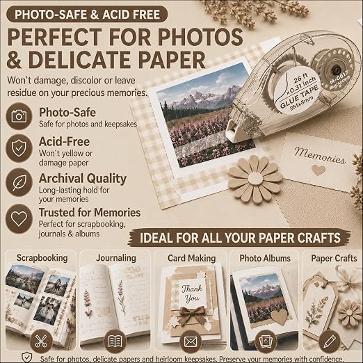 MARCADORUS Double Sided Tape Roller for Crafts, 26 Ft x 0.31 in Glue Tape for Scrapbooking, Pack of 8 Glue Tape Roller Junk Journal Supplies & Scrapbook Supplies.