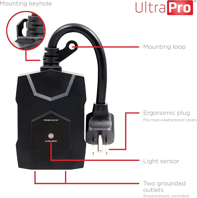 UltraPro Outdoor Dusk to Dawn Outlet Timer, Dual Outlet Light Sensor Plug, Weather‑Resistant Automatic Lighting Control for Landscape & Seasonal Lights, 1 Pack, Black, 70303