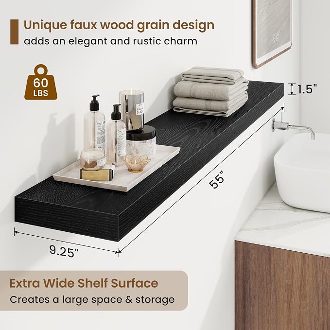 Marsmiles 55in Floating Shelves for Wall, 55" W x 9.25" D x 1.5" H, Long Wall Mounted Engineered Wood Shelves with Invisible Brackets for Living Room, Bedroom, Bathroom, Kitchen, Black, 2Pcs