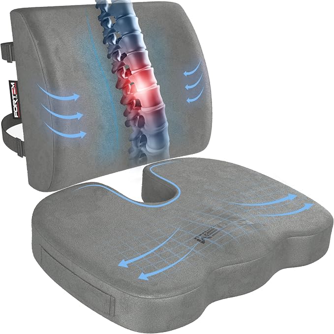 FORTEM Seat Cushion, Office Chair Cushion, Lumbar Support Pillow for Office Chair, Memory Foam Car Seat Cushions, Sciatica Coccyx Tailbone Pain Relief, Cushions for Back Support, Washable, Non Slip
