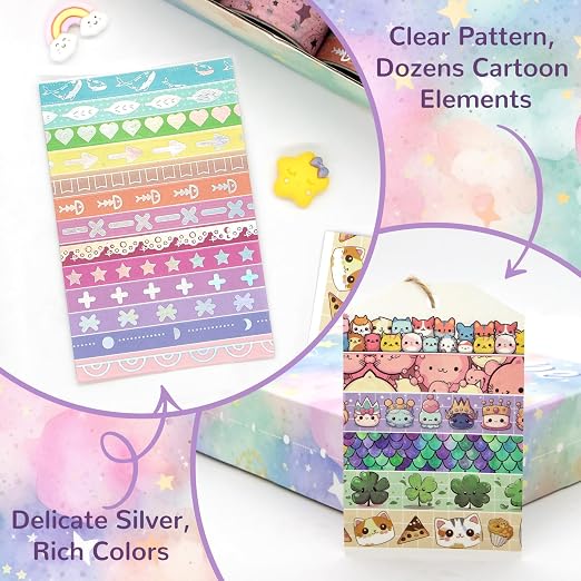 WAPETASHI 50 Rolls Washi Tape Set, Silver Cute Washi Tape for Scrapbooking, Bullet Journal, Planner, Gift, Rainbow Masking Decorative Tape for Kids