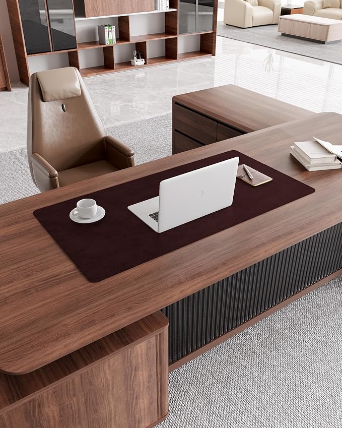 YSAGi Genuine Leather Desk Mat, 31.5"x15.8"Office Desk Pad, Thick Desk Pad Mat with Stitched Line, Non-Slip Desk Mat with Rubber Base (Red Brown, 31.5"x15.8")