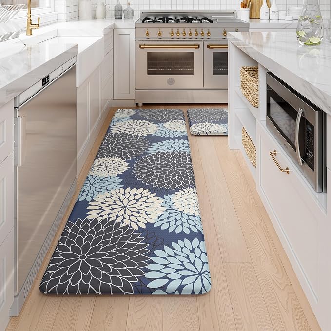 KIMODE Anti Fatigue Kitchen Mats for Floor Cushioned Kitchen Rugs Sets of 2 | 17"x59"+17"x29",Floral,Blue,Non-slip,Waterproof,Kitchen Runner Rug,Comfort Foam Paded Mat for Floors Office Laundry Sink