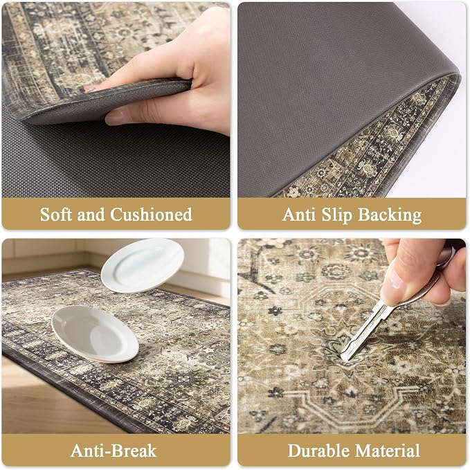 Pauwer Anti Fatigue Kitchen Floor Mats Set of 3, Cushioned Rug, Multi Brown | Non Slip Comfort Standing Mat, PVC Foam Padded Kitchen Rugs, Waterproof Sink Rug for Small Kitchen Area, Laundry Room