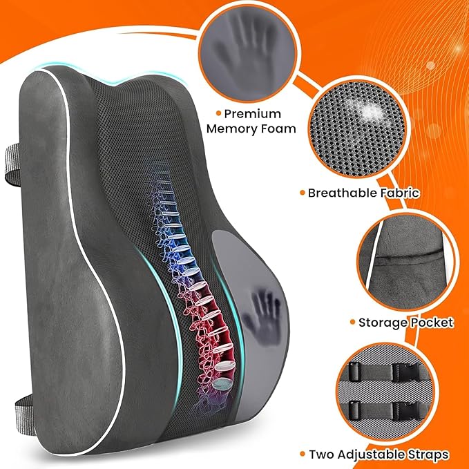 CloudBliss Lumbar Support Pillow, Memory Foam for Office, Standard, Gray | Ergonomic High-Density Memory Foam, Adjustable Straps, Washable Mesh Cover, Lower Back Support for Office, Gaming & Car Seat