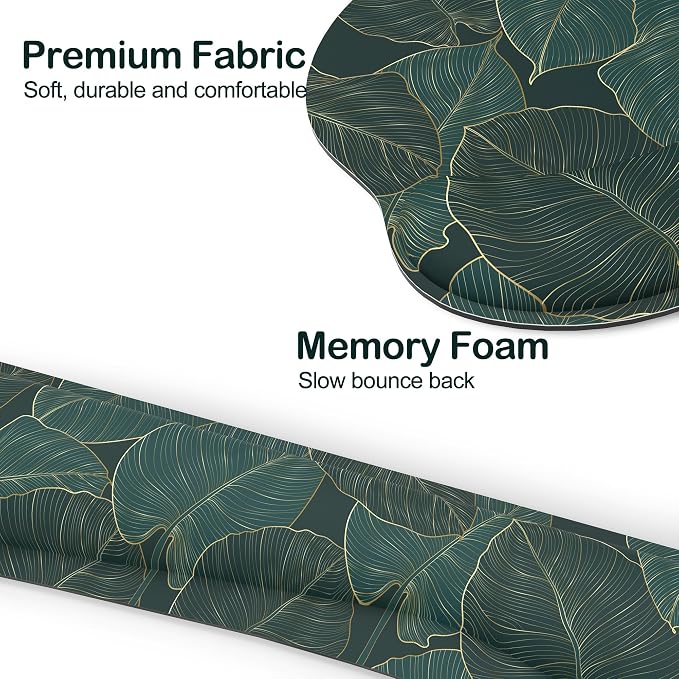 Ergonomic Mouse Pad with Wrist Rest and Keyboard Wrist Rest, Mousepad and Wrist Rest for Computer Keyboard, Pain Relief, Non-Slip Base, Mouse Pad Wrist Support for Gaming, Office, Green Palm Leaf