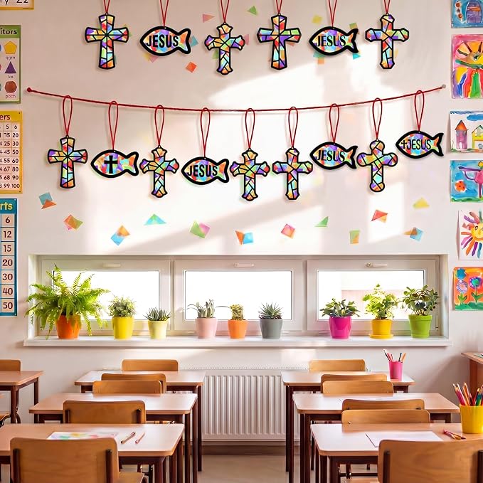 48PCS Sunday School VBS Crafts Bulk: Paper Cross Fish Nativity Suncatchers, Jesus Religious Christian Activity DIY Kits Church Decorations, Window Stained Glass Effect Art Supplies