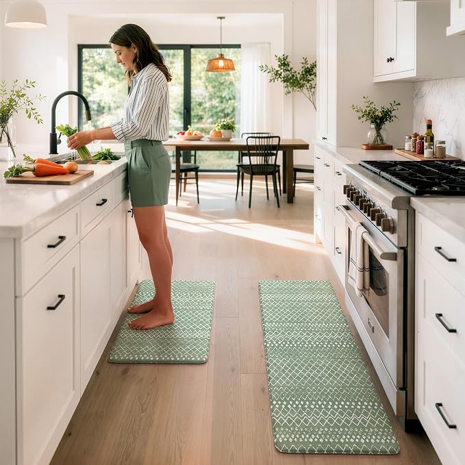 KIMODE Kitchen Mats for Floor Anti Fatigue Green Boho Kitchen Rugs Sets of 2 Cushioned Kitchen Floor Mats Comfort Standing Mat Geometric Laundry Room Rug for Bathroom Sink Office Desk 17"x47"+17"x29"
