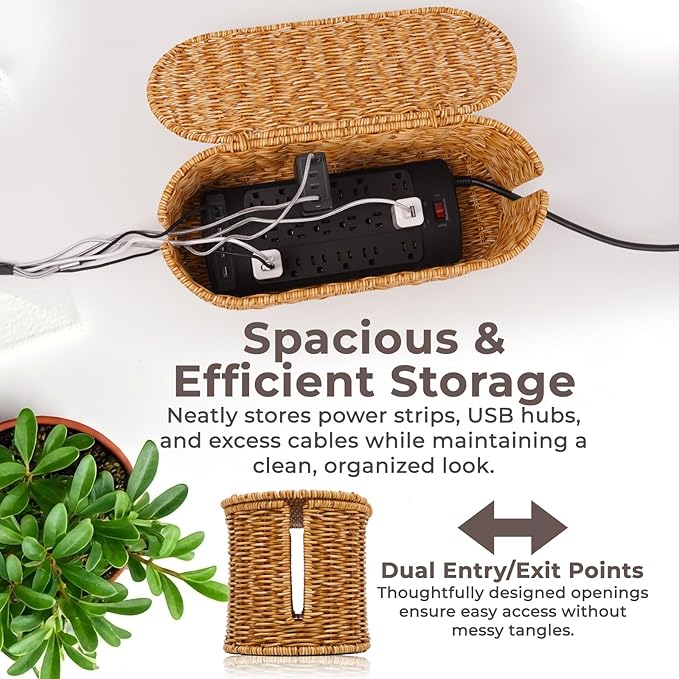 Cable Management Box, Handmade Rattan Cable Organizer, 2 Open Slots Cords Hider Box, Under Desk Cord Organizer for Computer Router USB Hub & Power Strip, 15.9" x 6.5" x 6.5", Natural