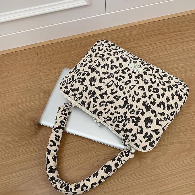 Leopard Print Laptop Case 11, 13,15 Inch Quilted Laptop Sleeve Soft Protective Cheetah Computer Sleeve for MacBook (Beige, with Strap, 13 Inch)