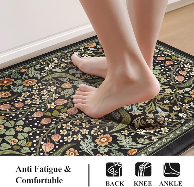 Collive Anti Fatigue Kitchen Mats, Cushioned Floral Kitchen Rugs Non Slip Waterproof Standing Mat, Black Vintage Comfort Desk Rug for Office, Sink, Laundry, 20"x39"