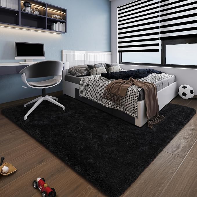 HOMORE Black Rug for Bedroom 4x6 Furry Carpet for Boys Girls Shaggy Fuzzy Rugs for Living Room Non Slip Large Rug for Kids Dorm Home Decor