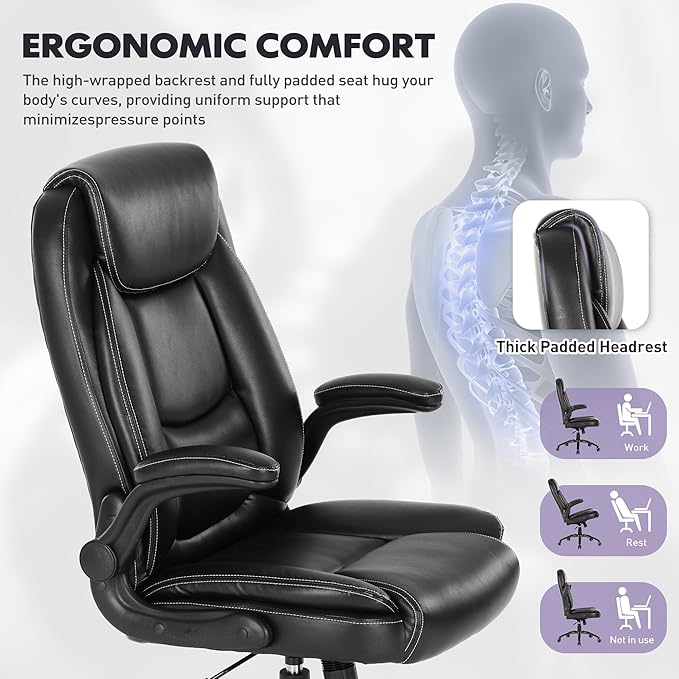 MALOL 300lbs Office Chair with Flip-Up Armrests & Reclining Backrest, Ergonomic PU Leather Executive Desk Chair-Adjustable Height & Tilt Tension, Black