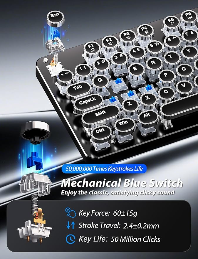 Typewriter Mechanical Gaming Keyboard and Mouse, Metal Panel Retro Keyboards with Round Keycap Blue Switch, Rainbow LED Backlit 104-Key Anti-Ghost Wired Mouse and Pad Combo for PC Laptop Mac Gamer