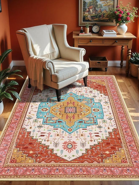 Macgace 3x5 Orange Pink Area Rug for Living Room, Machine Washable Rugs with Non-Slip Backing for Bedroom, Vintage Medallion Carpet Kitchen Laundry Kids Room Decor