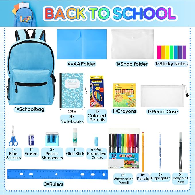 Gilprop 86 Pcs School Supplies Kit with Backpack Back to School Supplies Bag Set Elementary Essential Bundle Bulk for Student Classroom(Light Blue)