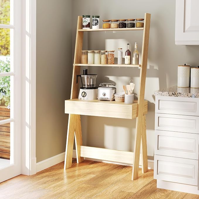 Tangkula Ladder Desk with Countertop & Drawer, Home Office Computer Laptop Table with Open Shelves & Anti-Tip Kits, Wall-Leaning Compact Working Station for Small Spaces (Natural)