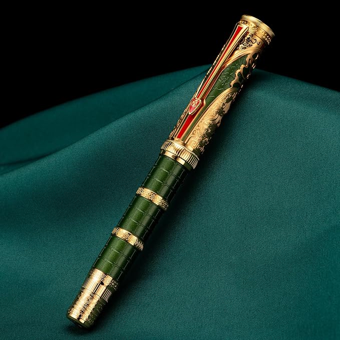 HONG DIAN D5 Qin Dynasty Fountain Pen Green Gold, Extra Fine Nib Piston Filling Pen, Retro Chinese Totem Engraving Smooth Writing Pen with Pen Box Set