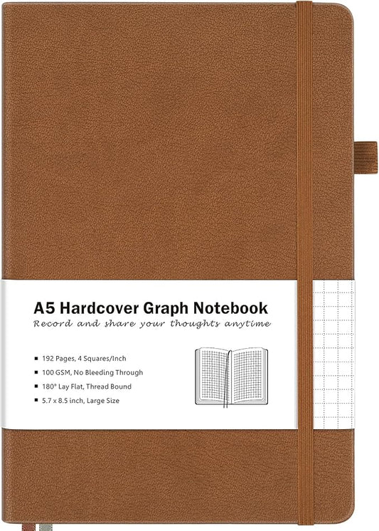Graph Paper Notebook, Hardcover Notebook, Grid Notebook Journal for Women, Men, Large Leather Journals for Writing, Thick Paper, A5 Notebooks for Work, School Supplies, Engineering, 5.7"x8.5", Brown