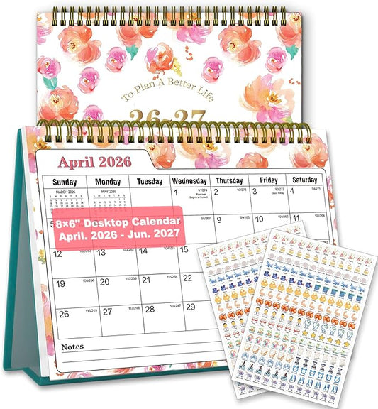 Small Desk Calendar 2026-2027 - Standing 2026 Desk Calendar, APR.2026 to JUN.2027, 8" x 6", Monthly Flip Desktop Calendar with Stickers, Your Personal Desk Planner for Home Office