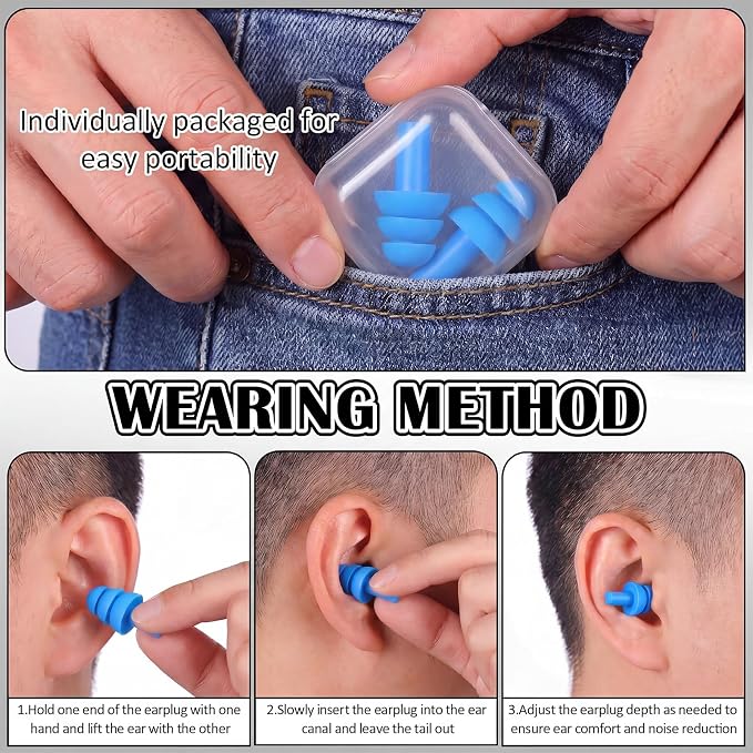 24 Pair Blue Ear Plugs - NRR 29dB Reusable Silicone Ear Plugs with Plastic Cases for Sleeping, Noise Cancelling, Concerts, Shooting, Swimming