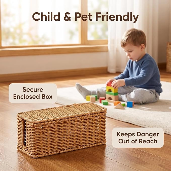 Cable Management Box, Handwoven Faux Rattan Cord Basket with Lid, Decorative Wiker Cord Hider Organizer with 2 Side Slots for Power Strip, Small Router, USB Hub, Desk, TV PC Charger for Desk