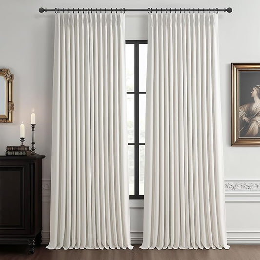 Extra Wide 70 Inch Beige White Blackout Bedroom Curtains 90 Inches Long 2 Panels, Memory Trained Pinch Pleated Room Darkening Thermal Linen Textured Two Layer Drapes for Living Room Sound Proof Burg