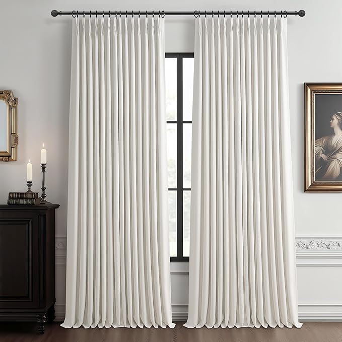 70 Inch Extra Wide Blackout Curtains & Drapes 108 Inches Long 2 Panels Set for Living Room, Pinch Pleated Insulated Sound Proof Double Layer Linen Heavy Farmhouse Window Curtain 70"Wx108"L Beige White