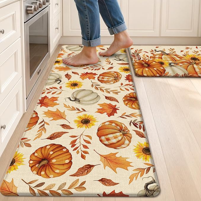 HEBE Fall Kitchen Mat Set of 2, Anti Fatigue Pumpkin Kitchen Mats for Floor | Cushioned Non Slip Autumn Kitchen Rugs and Runner Set, Waterproof Sunflower Maple Leaf Floor Carpet for Harvest Thanksgiving