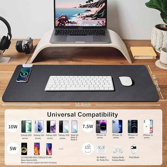 Leather Desk Pad Protector, Mouse Pad Large, Office Desk Mat On Top of Desks, Black Desk Mat for Desktop, Wireless Charging Mouse Pad, Waterproof Computer Keyboard Mat for Gaming 35.4"X16.5"X1.6"