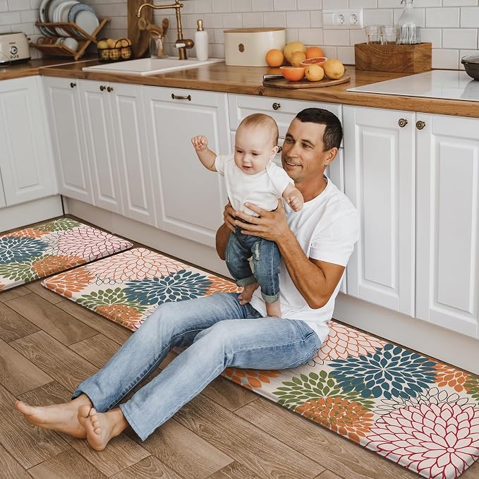 KIMODE Kitchen Rugs and Mats Cushioned Anti Fatigue 2PCS Standing Mat | 17"x59"+17"x29",Boho Floral,Non-Skid,Waterproof,Kitchen Runner Rug,Comfort Foam Paded Mat for Floors Office Laundry Sink