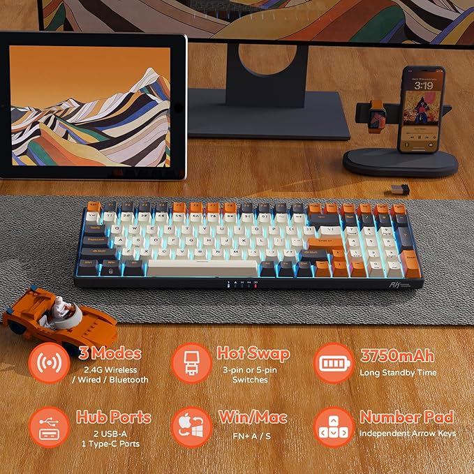 RK ROYAL KLUDGE RK100 Wireless Mechanical Keyboard RGB Backlit Bluetooth5.1/2.4G/Wired 96% Full Size 100-Key Hot Swappable Gaming Keyboard Blue Switch Carbon