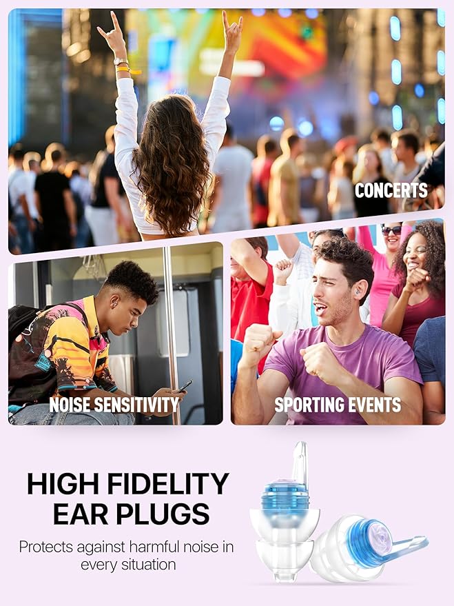 Concert Ear Plugs, Acoustic Filter for Noise Reduction & Maintaining Sound Clarity, High Fidelity Earplugs for Concerts, Rave, Festival, Music, Tinnitus Relief, Hearing Protection for Adult/Kid 12+