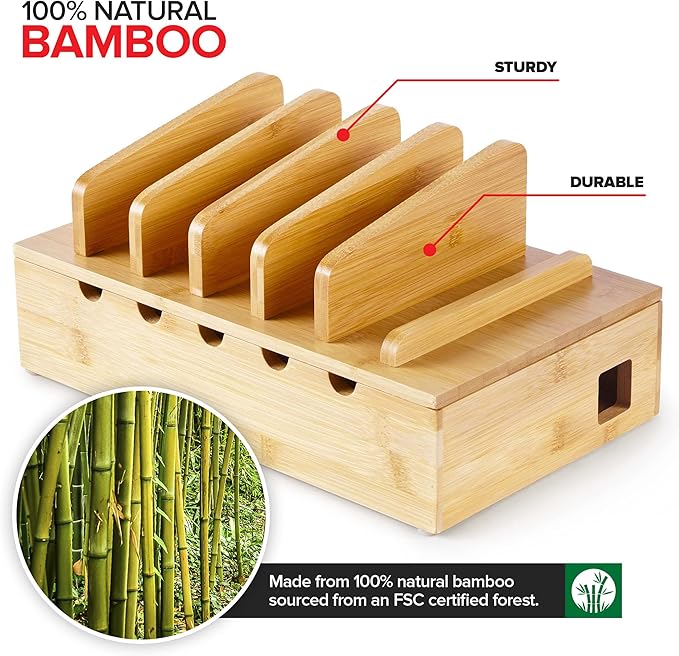 Modern Innovations Bamboo Charging Station for Multiple Devices (Natural) Wood Device Organizer, Desk Docking Stand for Cell-Phone Charger, Compatible with Apple, Android, iPad, iPhone, Tablet, Laptop