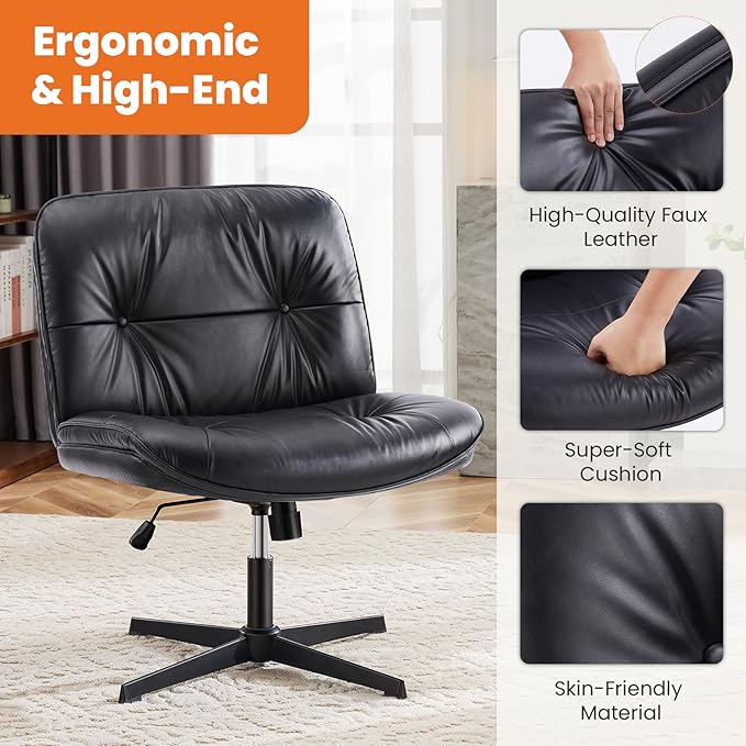 Sweetcrispy Armless-Office Desk Chair Without Wheels, Cross Legged Wide Chair, PU Leather Comfortable Adjustable Swivel Computer Task Chairs for Home,Office,Make Up,Small Space,Bed Room Black