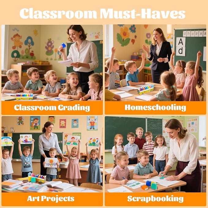 Teacher Stamps for Grading, Teacher Appreciation Gifts, School Bus Self Inking Teacher Stamps Set for Classroom, Back to School Supplies, Motivational Reward Stamps with Sign Return Good Job (8 Pcs)