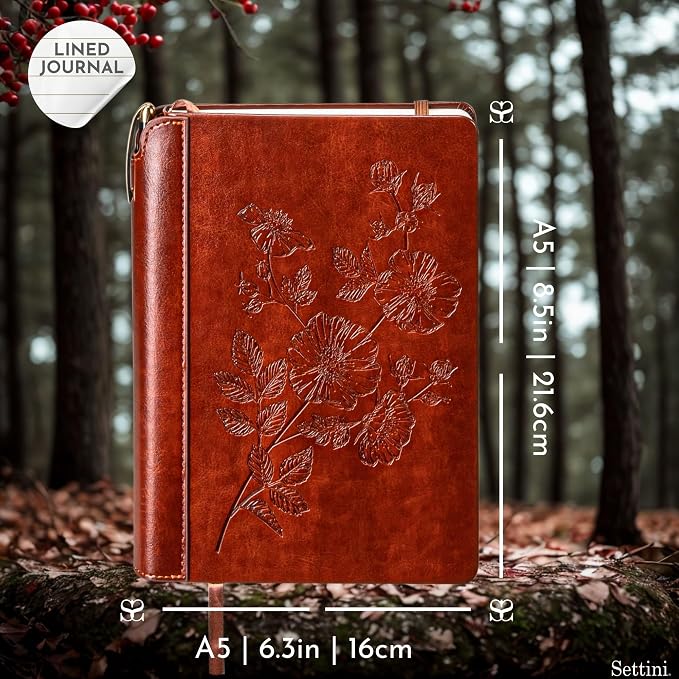 SETTINI® Lined Journal - Flower Journal for Writing Gift Set - Hardcover Vegan Leather, Unique Pen Holder, 192 Pages, A5 - Includes Pen and Gift Box - Birthday Gift, Journal for Women