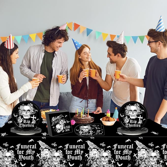 Death To My 30s Birthday Party Supplies Serves 24 Rip 30s Party Decorations 40th Paper Plates Napkins Disposable Black 40th Birthday Tablecloth Set Tableware Kit for My Youth Funeral
