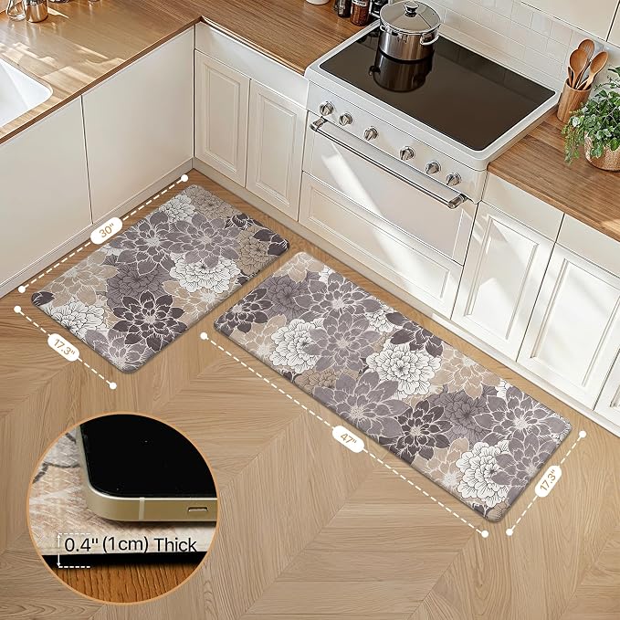 GENIMO Anti Fatigue Kitchen Mats for Floor 2PCS, Cushioned Standing Mats | 17.3"x47"&17.3"x30",Coffee Brown vintage floral rug set, waterproof, non slip, easy-clean for farmhouse