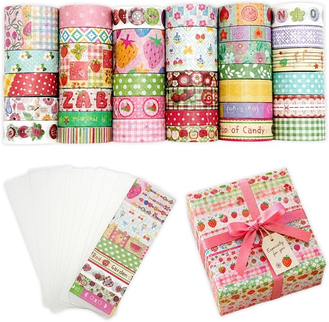 Bomichi Washi Tape Set - 35 Rolls Strawberry Pastel Washi Tape for Junk Journal Supplies, Bullet Journal Supplies, DIY Crafts, Scrapbooking, Planner Decoration, Gift Wrapping, School Supplies